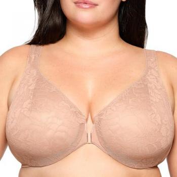 Glamorise Wonderwire Lace T-Back Front Closure Bra Tan 38-C