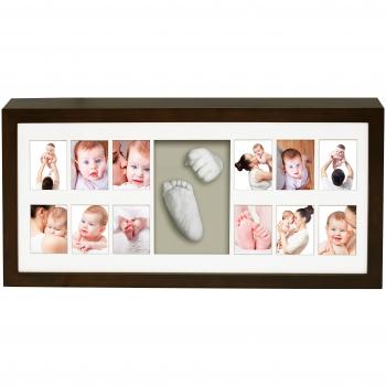 Marco para 12 fotos con Material Huellas del Bebe en 3D - Wengue y Fondo Gris - Hecho en España