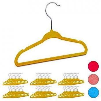 Pack de 60 perchas infantiles antideslizantes amarillas con ganchos giratorios de terciopelo
