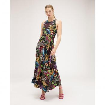 Vestido largo sin mangas con estampado tropical y cuello halter