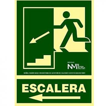 NM RD14141 - Señal Luminiscente Escalera Izquierda Clase B PVC 0,7mm 22,4x30cm con CTE, RIPCI y Apto para la Nueva Legislación