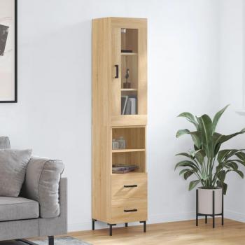 Aparador alto de madera contrachapada 34,5x34x180 cm con 2 cajones y 2 estantes, mueble de almacenaje para salón en color roble Sonoma