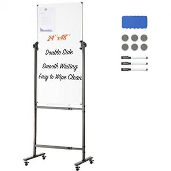 Double-Sided Mobile Magnetic Whiteboard 24x48 Inches with Adjustable Height and Wheels