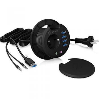 ICY BOX Hub USB de Mesa empotrable 80 mm, USB 3.0, Enchufe, Audio, Enchufe de Mesa Redondo, Color Negro
