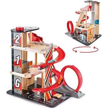 Hape Gearhead Stunt Garage - 3-Level Wooden Parking Playset with Looping Track and Elevator for Kids Ages 3+