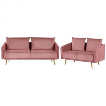 Conjunto de Sofás Retro Glam 5 Plazas Terciopelo Rosa con Respaldo Acolchado y Patas Metálicas Doradas Maura