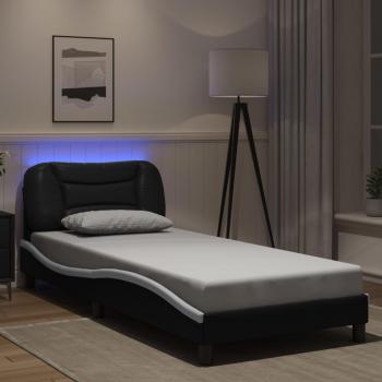 Cama solar con luces LED blanco y negro 80x200 cm en cuero sintético