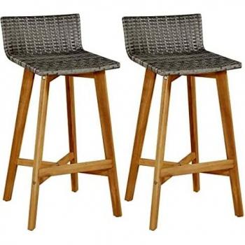 vidaXL 2x Taburete Alto Respaldo Ratán Sintético Acacia Silla Bar Barra Cocina