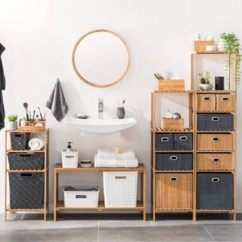 Mueble Auxiliar de Baño Estanterías de Bambú y Roble Claro