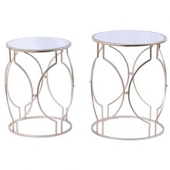 Set de 2 Mesas Auxiliares Champagne con Espejo 37x37x49 y 42x42x54 cm