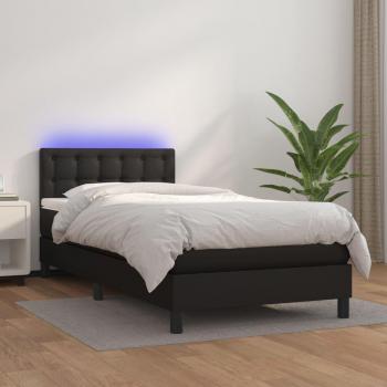 Cama box spring con colchón y LED, cuero sintético negro, 90x200 cm