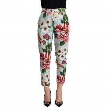 Dolce & Gabbana Light Blue Fiori Print Cotton Trouser Tapered Pants - IT36 | XS, Chinos, female, Blue, Size: 3XS