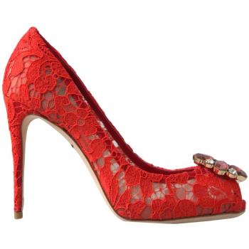Dolce & Gabbana Red Lace Crystal Peep Toe Pumps - EU37/US6.5