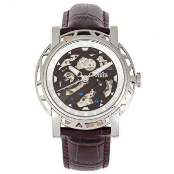Reign Stavros Automatic Skeleton Dial Men's Watch - Silver Bezel, Dark Brown Crocodile-Embossed Leather Strap