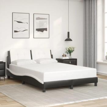Estructura de cama con cabecero en cuero sintético negro y blanco, tamaño 120x200 cm