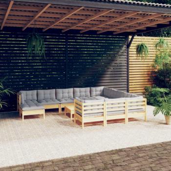 12 Piece Pinewood Garden Lounge Set with Gray Cushions