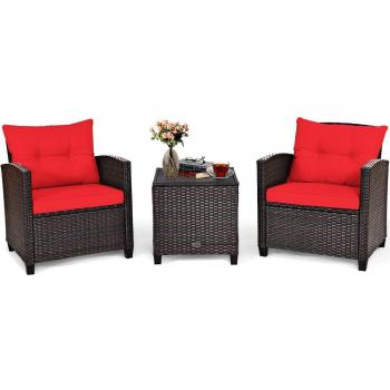 3-Piece Rattan Patio Furniture Set with Large Cushions - Red