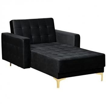 Chaise Lounge Moderno de Terciopelo Negro Acolchado Reclinable con Piernas Doradas y Brazos Rectos Aberdeen