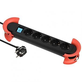 Bachmann Hook Indoor - Regleta de enchufes 5x con interruptor y cable de 5m, color negro y rojo