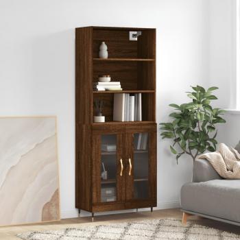 Aparador alto de madera contrachapada marrón roble 69,5x34x180 cm con 2 puertas de cristal, mueble de almacenaje para salón, buffet y armario auxiliar
