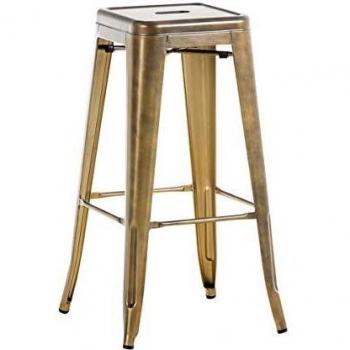 Taburete de Bar Industrial Joshua Dorado con Reposapiés, Altura 77 cm, Apilable, Diseño Metálico