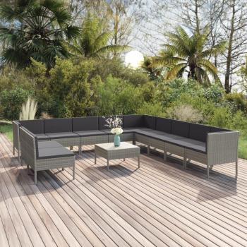 12-Piece Grey Poly Rattan Garden Lounge Set with Cushions