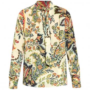Etro Women's Multicolor Botanical Print Scarf Collar Shirt, Size S, Beige, WRIA003699SA464X0820