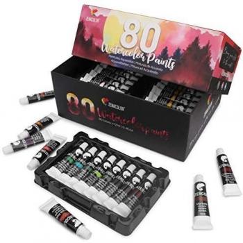 Zenacolor - 80 Acuarelas Pinturas en Tubo 12mL - 80 Tubo de Pinturas Acuarelables para Niños y Adultos Lavable
