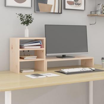 Soporte para Monitor Elevador de Madera Maciza de Pino, 81x20x30 cm, Color Natural, Blanco y Gris