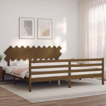 Estructura de cama y cabecero de madera maciza en color marrón miel, dimensiones 200x200 cm