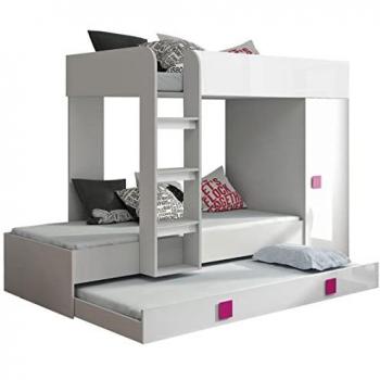 Litera Hartford 191 con cama extra, Aglomerado laminado, Blanco y Rosa brillante, 90x200 cm, Somieres incluidos, Dimensiones: 254 x 94 x 165 cm