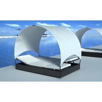 Double Sun Lounger with Canopy Poly Rattan Black
