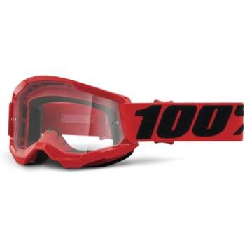 Gafas de Cross para Niño 100% Strata 2 Rojo-Transparente, características: diseño ligero, protección UV, lente transparente, ajuste cómodo, ideal para motocross y deportes extremos