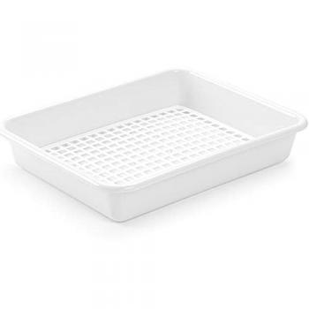 Bandeja de plástico para descongelar Tradineur, color blanco, con rejilla, dimensiones 35 x 27 x 6 cm, recipiente reutilizable para descongelación de alimentos, fabricado en España