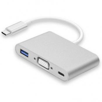 Adaptador USB-C 3.1 Tipo C Macho a USB A Hembra, USB C Hembra y Salida VGA Plateado