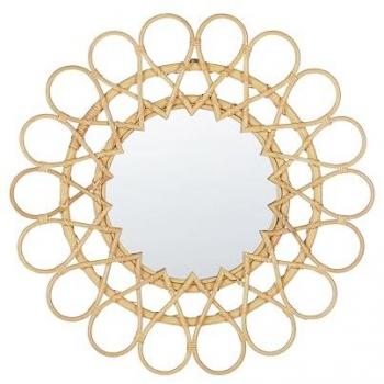 Espejo de Pared Redondo 60 cm con Marco de Rattan Natural Diseño Moderno Estilo Sol para Decoración de Sala