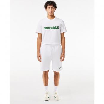Pantalón corto jogger de felpa blanco Lacoste para hombre con eslogan bordado
