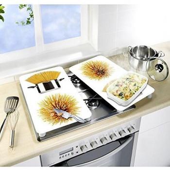 WENKO 2521450100 Cubierta de cocina Universal Espaguetis - juego de 2 piezas para todos los tipos de cocinas, Vidrio endurecido, 30 x 1.8-4.5 x 52 cm, Multicolor