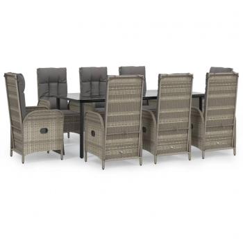 9-Piece Black and Grey Poly Rattan Garden Lounge and Dining Set with Cushions