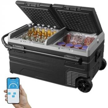 Nevera de Compresión Portátil 95L, Mini Nevera para Coche 12V, Doble Zona, Temperatura Ajustable -20°C a 20°C, con Ruedas y Asa