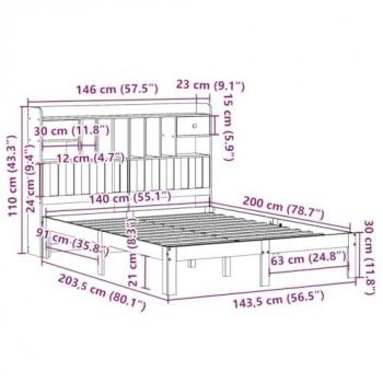 Cama con estantería sin colchón madera maciza blanca 140x200 cm