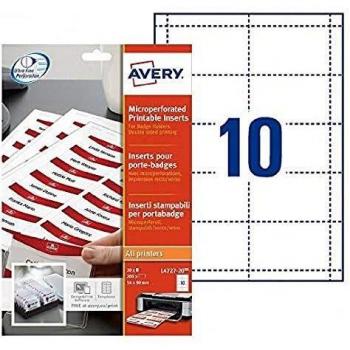 Insertos microperforados Avery para badges 54 x 90 mm - Caja de 200 unidades, impresión láser y tinta, cartulina blanca de 190 g/m²