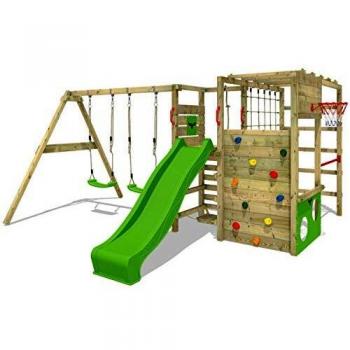 Parque infantil de madera ActionArena con columpio, tobogán y pared de escalada sueca - área de juegos exterior