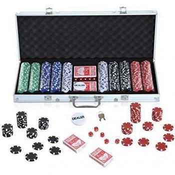 HOMCOM Maletín de Poker Profesional con 500 Fichas y 2 Barajas Juego Set de Poker Casino Aluminio 5 Dados, 2 Barajas y 1 Ficha de Crupier