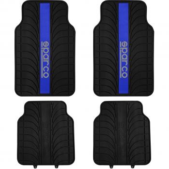 Juego de Alfombras de Goma Sparco con Franja Azul Universal, Material Látex - 4 Piezas