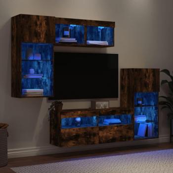 Muebles TV pared con LED 5 piezas madera ingeniería roble ahumado Marrón