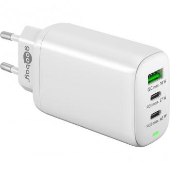 Cargador Rápido USB-C™ PD GaN Multiport 65W Blanco con 2 Puertos USB-C y 1 Puerto USB-A