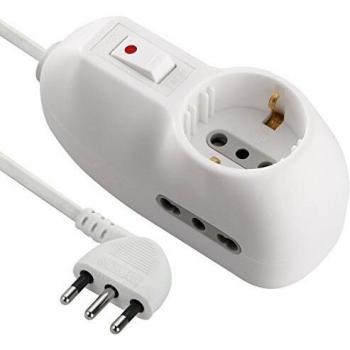 Multipresa 3 Enchufes (1 Schuko + 2 Bivalentes 10/16A) con Interruptor, Cable de 1 m, Sección de Cable 3x1 mm²
