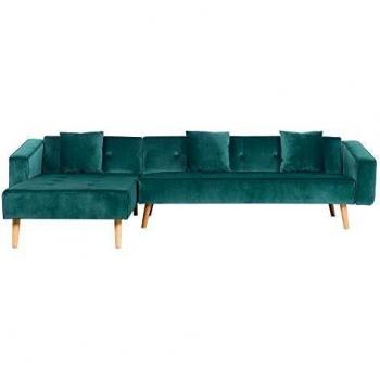 Sofá cama esquinero de terciopelo verde derecho con 3 almohadas, tapizado en terciopelo verde, patas de madera clara, reclinable, 4 plazas
