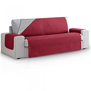 Funda Cubre Sofá Acolchado Reversible Bicolor Antimanchas Modelo Rombos Granate-Gris para 4 Plazas (200 cm)